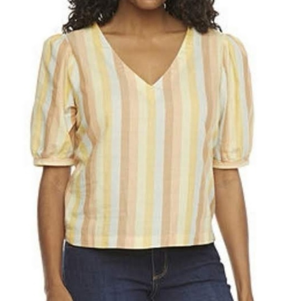 Women's plus size shirt top blouse size 1X stripe v neck cropped lightweight